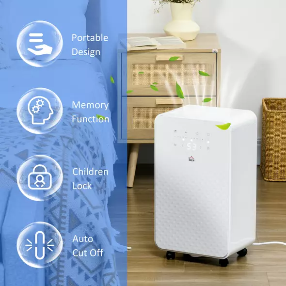 HOMCOM 2000mL Portable Dehumidifier with Air Purifier, 24H Timer, 5 Modes, 10L/Day, for Home Laundry, White - 8