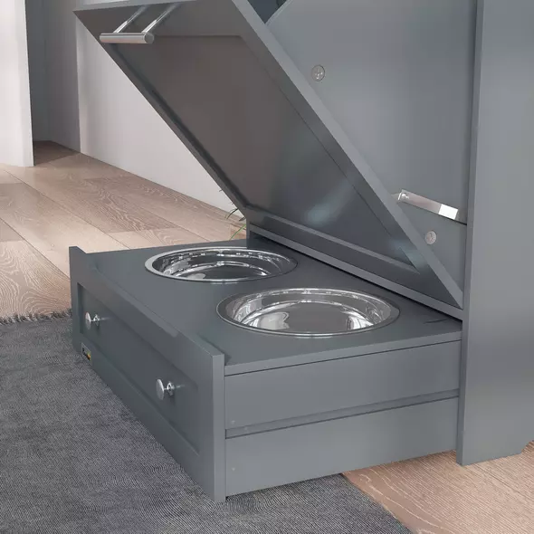 PawHut Pet Feeder Station, Dog, Cat Storage Container, with Raised Bowls, Hanger, Cabinet - Grey - 9