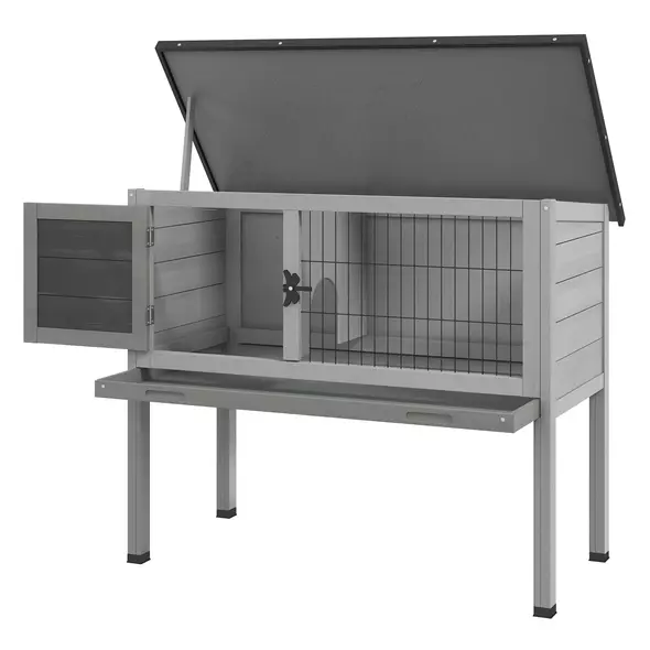 PawHut Wooden Guinea Pig Hutch, Small Animal Cage with Slide-out Tray, Openable Asphalt Roof, 84 x 43 x 70cm, Grey - 1