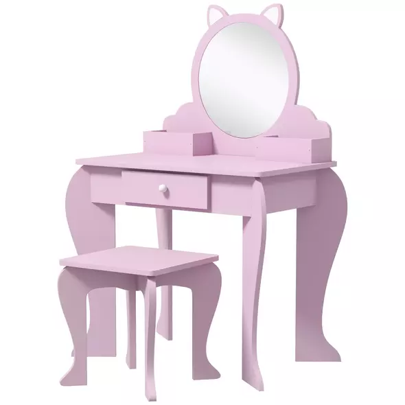 ZONEKIZ Kids Vanity Table with Mirror, Stool, Drawer, Storage Boxes, Cat Design, for Ages 3-6 Years - Pink - 1