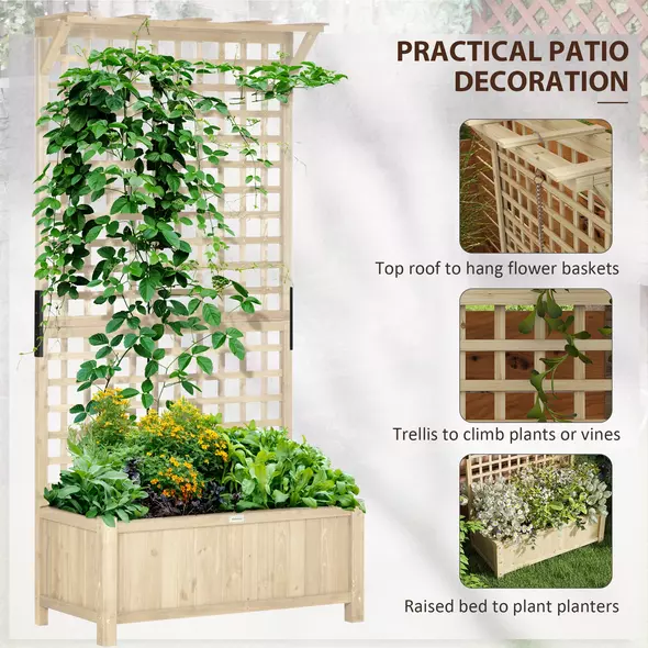 Outsunny Raised Bed with Drainage Holes, Wood Planter with Trellis for Climbing Plants to Grow Vegetables, Flowers, Natural - 4