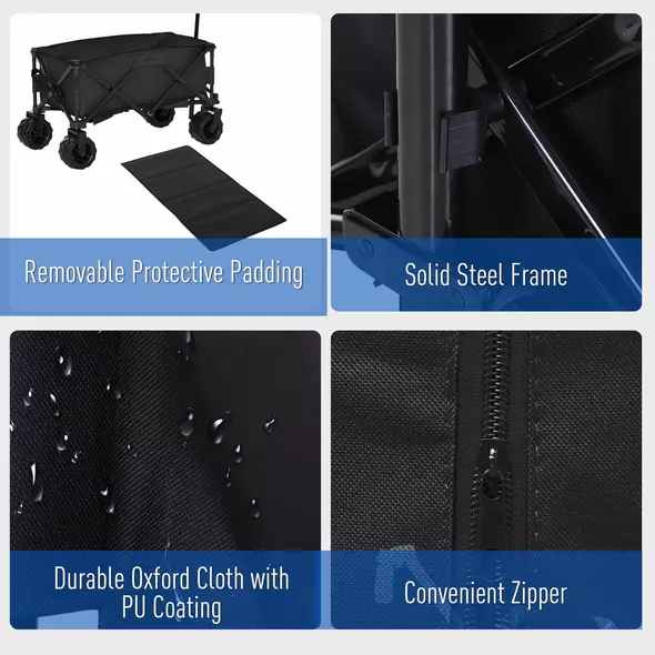 Outsunny Outdoor Folding Garden Trolley on Wheels, Capming Cargo Wagon Cart Trailer w/ Handle, Wheels for Beach Garden, Black - 5