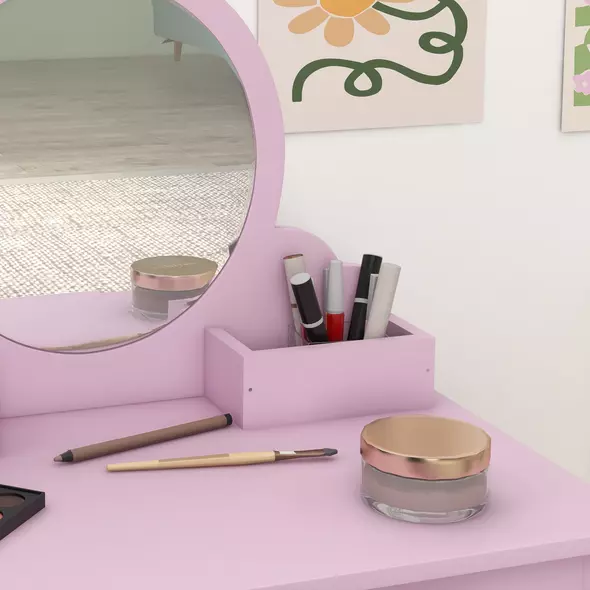 ZONEKIZ Kids Vanity Table with Mirror, Stool, Drawer, Storage Boxes, Cat Design, for Ages 3-6 Years - Pink - 9
