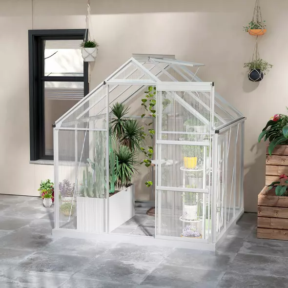 Outsunny 6 x 6ft Walk-In Greenhouse, Polycarbonate Greenhouse with Sliding Door, Window, Aluminium Frame, Foundation, Silver - 8