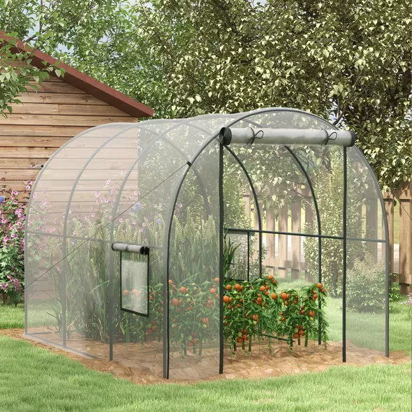 Outsunny Polytunnel Greenhouse Walk-in Grow House with Plasric Cover, Door, Mesh Window and Steel Frame, 3 x 2 x 2m, Clear - 2