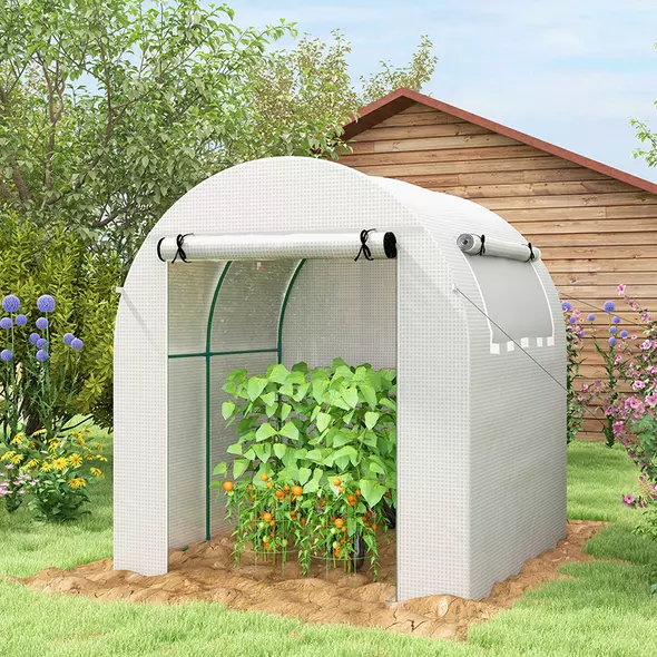 Outsunny Walk in Polytunnel Greenhouse, Green House for Garden with Roll-up Window and Door, 1.8 x 1.8 x 2 m, White - 2