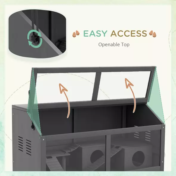 PawHut Hamster Cage, Wooden Small Animal Cage for Gerbils, Mice w/ Suspension Bridge, Openable Top, Hut, 85 x 45 x 44cm - Grey - 5