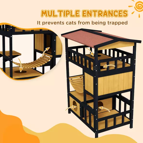 PawHut Outdoor Cat Shelter, Four-Tier Wooden Feral Cat House, with Suspension Bridge, Cat Houses, Balcony, Escape Doors - 6