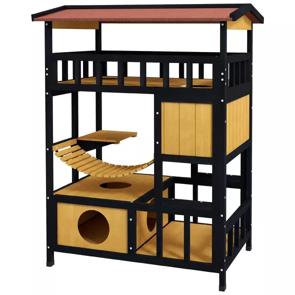 PawHut Outdoor Cat Shelter, Four-Tier Wooden Feral Cat House, with Suspension Bridge, Cat Houses, Balcony, Escape Doors - 1