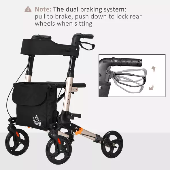HOMCOM 4 Wheel Rollator with Seat and Back, Folding Mobility Walker with Carry Bag, Adjustable Height, Dual Brakes, Cane Holder, Lightweight Aluminium Walking Frame for Seniors and Disabled, Gold Tone - 8