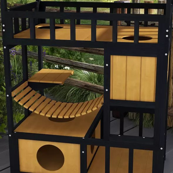 PawHut Outdoor Cat Shelter, Four-Tier Wooden Feral Cat House, with Suspension Bridge, Cat Houses, Balcony, Escape Doors - 8