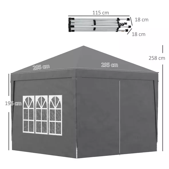 Outsunny 3 x 3 m Garden Pop Up Gazebo, Wedding Party Tent Marquee, Water Resistant Awning Canopy with Sidewalls, Windows, Carry Bag, Grey - 3