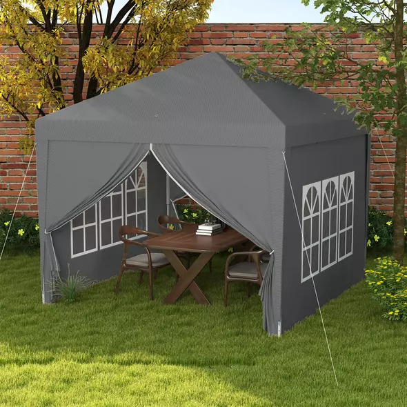 Outsunny 3 x 3 m Garden Pop Up Gazebo, Wedding Party Tent Marquee, Water Resistant Awning Canopy with Sidewalls, Windows, Carry Bag, Grey - 2