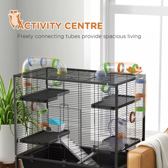 PawHut Large Hamster Cage, Gerbil Cage with Tubes, Storage Shelf, Ramps, Platforms, Running Wheel - Black - 4