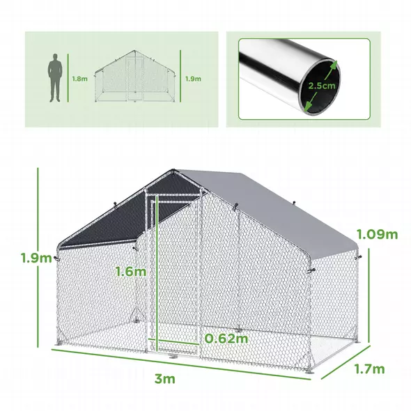 PawHut Large Chicken Coop, Galvanised Walk In Chicken Coop Hen House w/ Water-Resist Cover, 3 x 1.7 x 1.9m - 3