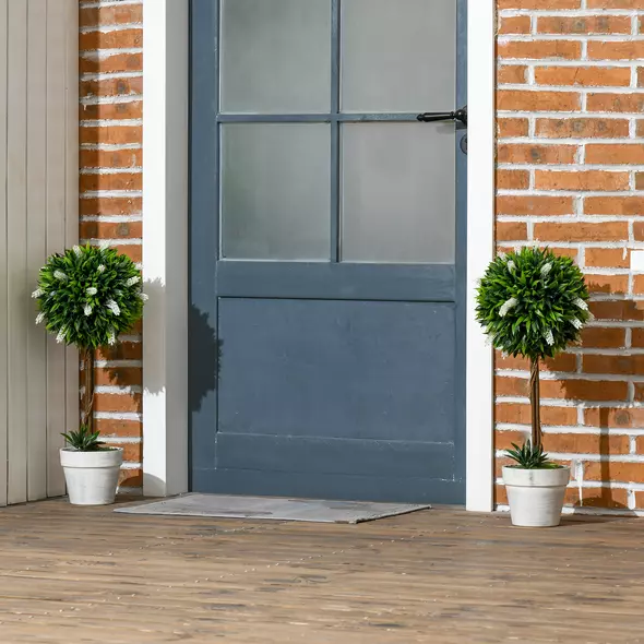 HOMCOM Set of 2 Decorative Artificial Plants Ball Trees with Flower for Home Indoor Outdoor Decor, 60cm ,White - 2