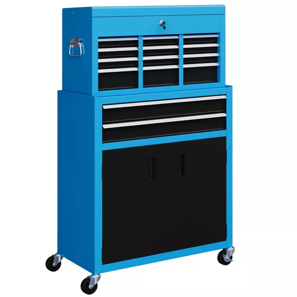 HOMCOM Portable Tool Box, Metal Tool Chest on Wheels with 6 Drawers for Garage and Workshop, Blue - 1