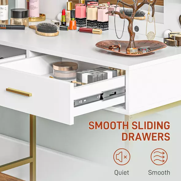 HOMCOM Dressing Table with Lighted Mirror, Cushioned Stool, Drawers, Shelves, LED Makeup Vanity Desk Set, Modern Dresser Vanity Table for Bedroom, White - 7