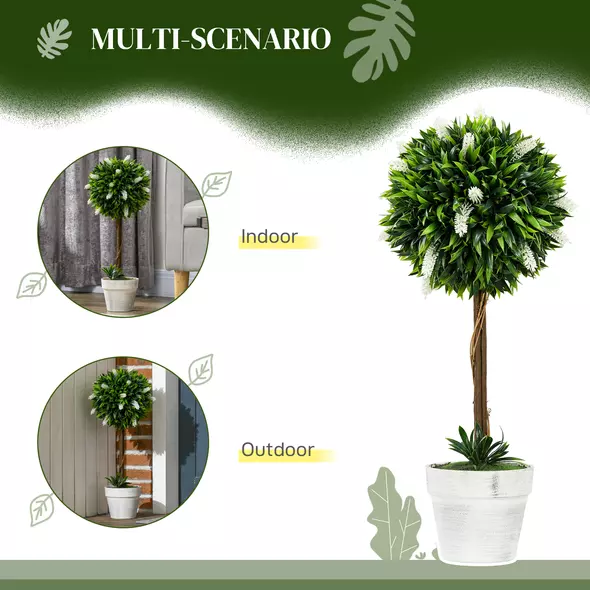 HOMCOM Set of 2 Decorative Artificial Plants Ball Trees with Flower for Home Indoor Outdoor Decor, 60cm ,White - 5