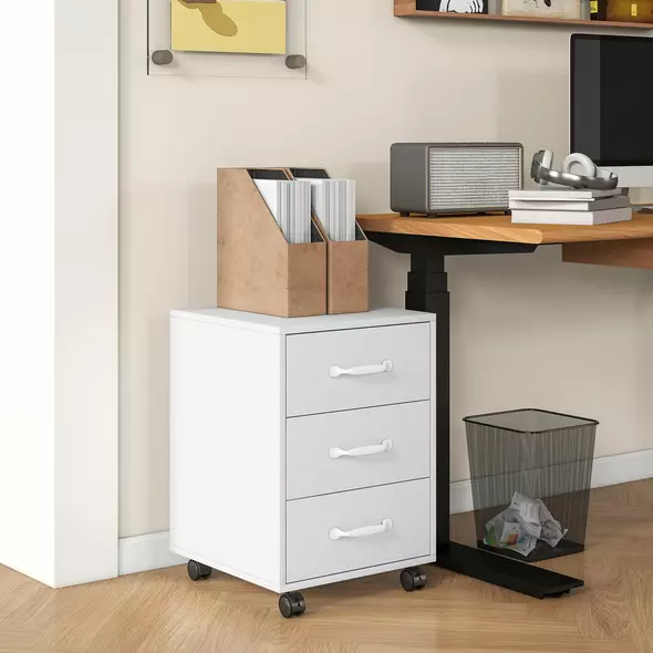 HOMCOM 3 Drawer File Cabinet, Mobile Filing Cabinet on Wheels for Home Office, Study, White - 2