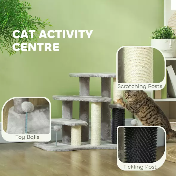 PawHut 2-in-1 Cat Tree, Pet Stairs w/ Scratching Post, Toy Balls, for Bed, Sofa, Couch, Light Grey - 5