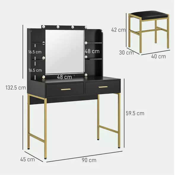 HOMCOM Dressing Table Set, with Storage and Stool - Black - 3