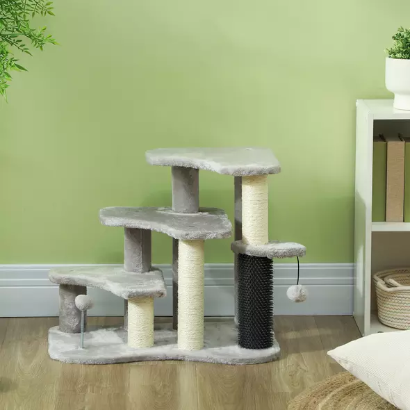 PawHut 2-in-1 Cat Tree, Pet Stairs w/ Scratching Post, Toy Balls, for Bed, Sofa, Couch, Light Grey - 9