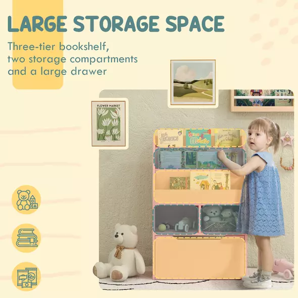 HOMCOM Kids Bookshelf, Toy Organiser, with Storage Drawer, Wheels - Pink - 4