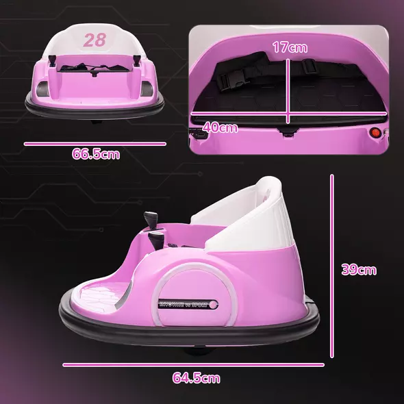 AIYAPLAY 360° Rotation Kids Bumper Car, 12V Waltz Car with Remote Control, Dual Joystick, Music, Lights, Pink - 3