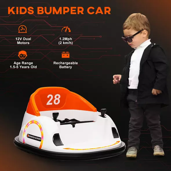 AIYAPLAY 360° Rotation Kids Bumper Car, 12V Waltzer Car with Remote Control, Dual Joysticks, Music Lights, Orange - 8