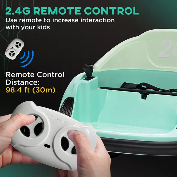 AIYAPLAY 360° Rotation Kids Bumper Car, 12V Waltz Car with Remote Control, Dual Joystick, Music, Lights, Green - 6