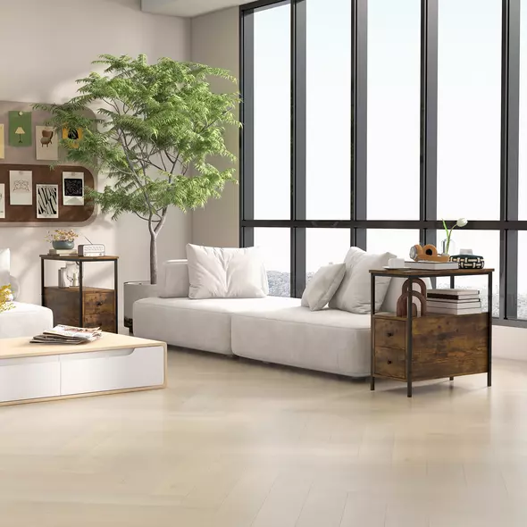 HOMCOM Set of 2 Side Table, Narrow Bedside Table with 2 Drawers and Storage Shelf, Industrial End Table with Metal Frame for Small Spaces, Rustic Brown - 2