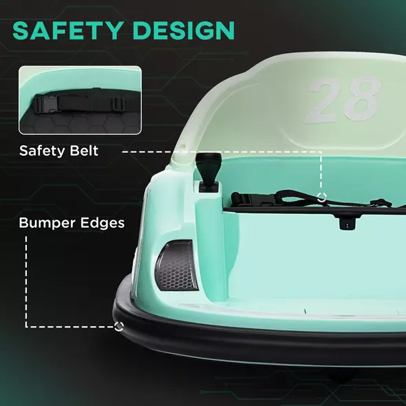 AIYAPLAY 360° Rotation Kids Bumper Car, 12V Waltz Car with Remote Control, Dual Joystick, Music, Lights, Green - 7