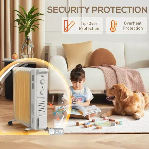 HOMCOM 2.5kW 11 Fin Oil-Filled Radiator - White - 7