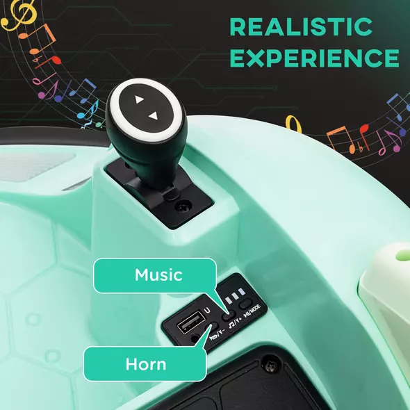 AIYAPLAY 360° Rotation Kids Bumper Car, 12V Waltz Car with Remote Control, Dual Joystick, Music, Lights, Green - 5