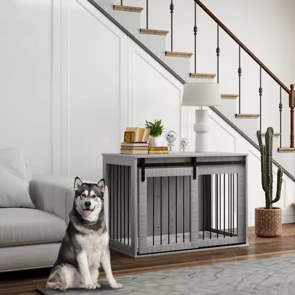 PawHut 98cm Dog Crate Furniture with Removable Cushion for Large Dogs - Grey - 2