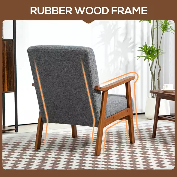 HOMCOM Armchair with Wide Seat, Boucle Accent Chair, Thick Padded Occasional Chair with Solid Wood Frame for Living Room Bedroom Home Office Reception Balcony, Grey - 6