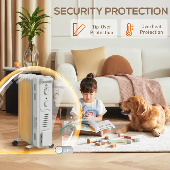 HOMCOM 1500W Quiet Oil Filled Radiator, 7 Fin Energy Efficient Portable Electric Heater with 3 Heat Settings, Adjustable Thermostat, Safety Tip Over, Overheat Protection, for Home, White - 7