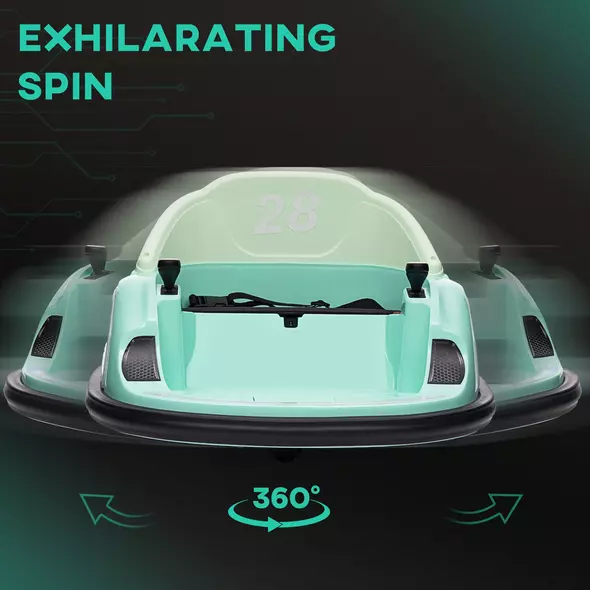 AIYAPLAY 360° Rotation Kids Bumper Car, 12V Waltz Car with Remote Control, Dual Joystick, Music, Lights, Green - 4