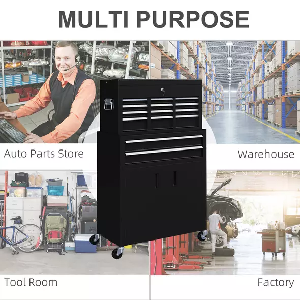 HOMCOM Portable Tool Box, Metal Tool Chest on Wheels with 6 Drawers for Garage and Workshop, Black - 5