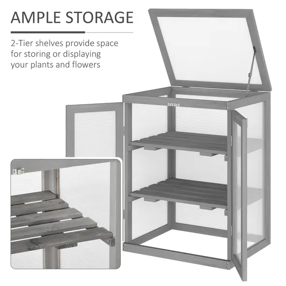 Outsunny 3-tier Wood Greenhouse Garden Polycarbonate Cold Frame Balcony Grow House w/ Storage Shelf for Plants, Flowers, Dark Grey - 6