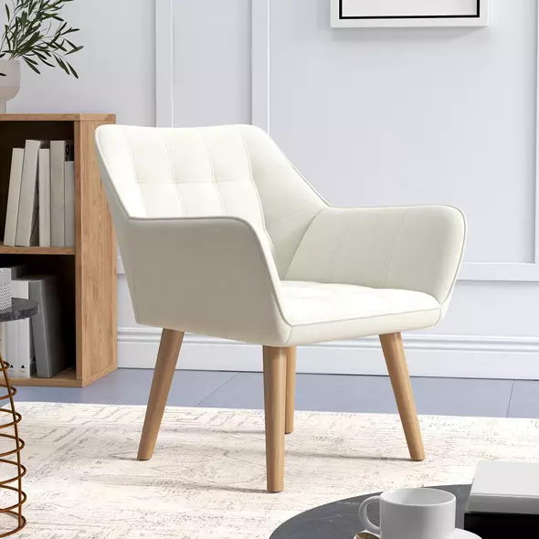 HOMCOM Accent Chair, Arm Chair with Wide Arms, Slanted Back, Thick Padding and Rubber Wooden Legs for Living Room, Cream White - 7