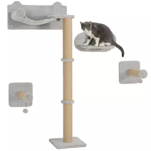 PawHut 4-Piece Cat Shelves w/ Scratching Post, Steps, Jumping Platform, Ladder, Toy Balls, for Indoor Cats, Light Grey - 1