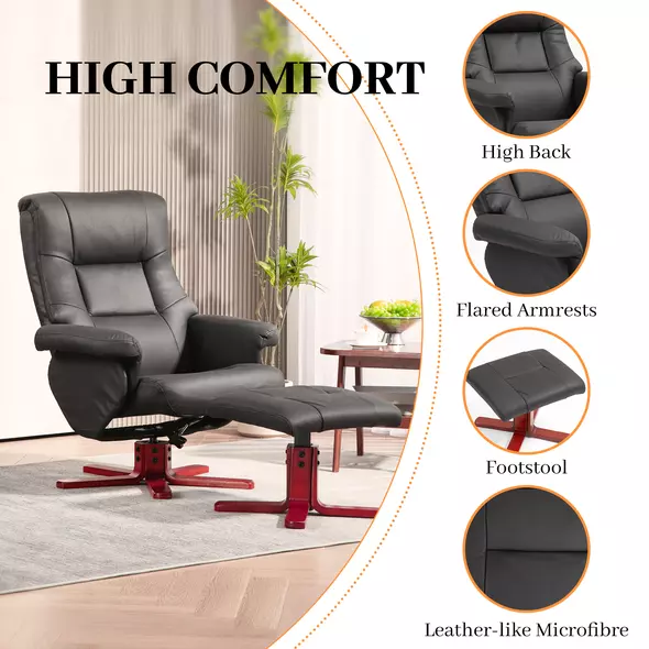HOMCOM Faux Microfibre Leather Manual Recliner and Footstool Set - Black - 6