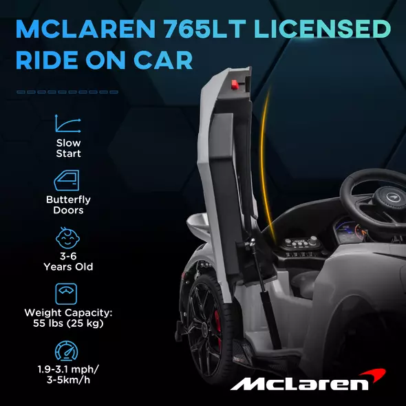 AIYAPLAY McLaren 765LT Licensed 12V Kids Electric Ride on Car with Butterfly Doors, Remote Control, Transport Wheels, Grey - 4