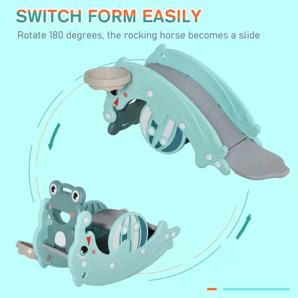 HOMCOM 3-in-1 Baby Rocking Horse Portable Slide Basketball Hoop Equipment Indoor Outdoor Playground Toy, Age 18-36 Months, Green - 6