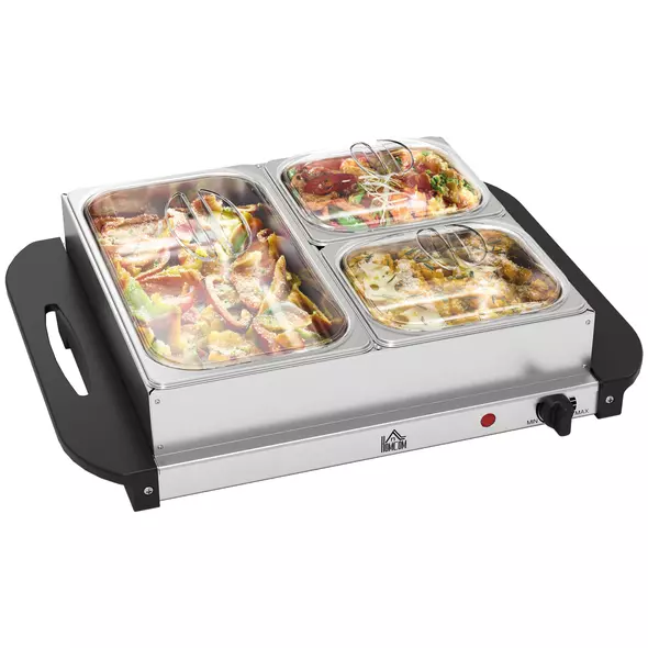 HOMCOM 4.5L Stainless Steel Electric Buffet Server, with 3x Trays and Lids - 1