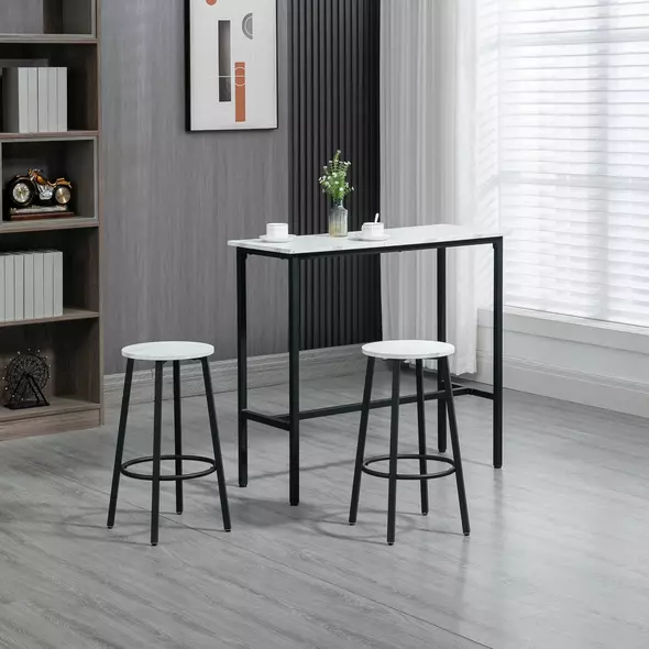 HOMCOM Three-Piece Marble-Effect Bar Table Set - White/Black - 2