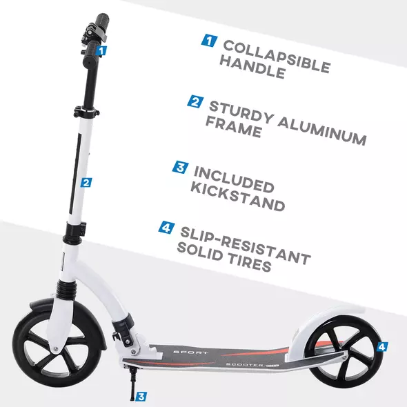 HOMCOM Foldable Kick Scooter with Double Shock Absorption and Big Wheels, Height Adjustable Aluminium Frame Big Wheel Scooter for 14+ Teens Adult - White - 8