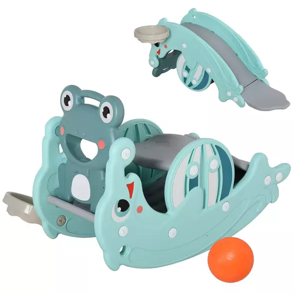 HOMCOM 3-in-1 Baby Rocking Horse Portable Slide Basketball Hoop Equipment Indoor Outdoor Playground Toy, Age 18-36 Months, Green - 1